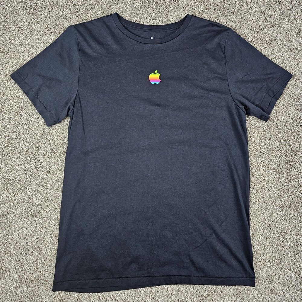 Apple Mac Shirt Mens Medium Black Crew Neck Official Employee Uniform Rainbow